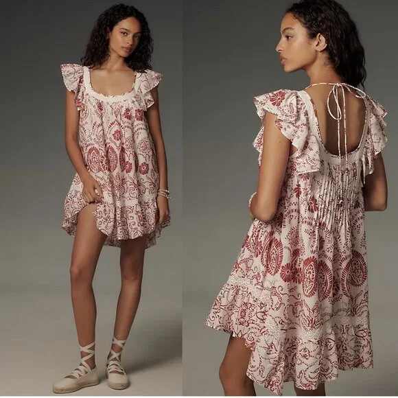 NWT Anthropologie Red and White Mini Dress Babydoll Mini Flutter White Red - Picture 2 of 8